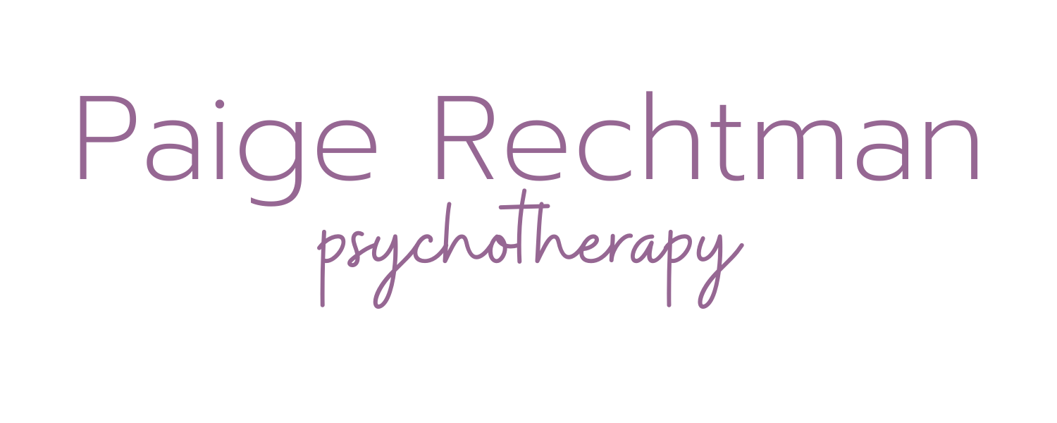 “Paige Rechtman” in purple font color and a cursive “psychotherapy” in purple font color