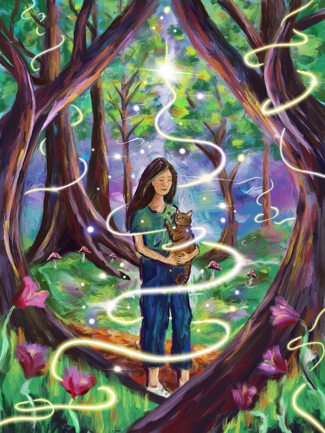 Cover of the free pet loss guide by Paige Rechtman — illustration of a woman holding her cat in a glowing forest